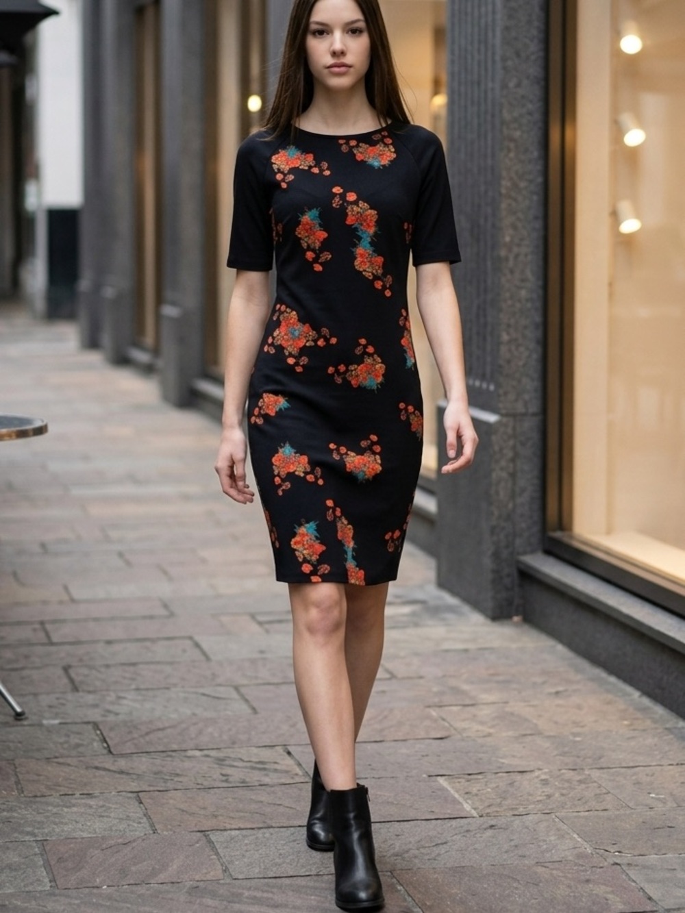 LuLaRoe XXSmall Black Midi Dress with Red Floral Print